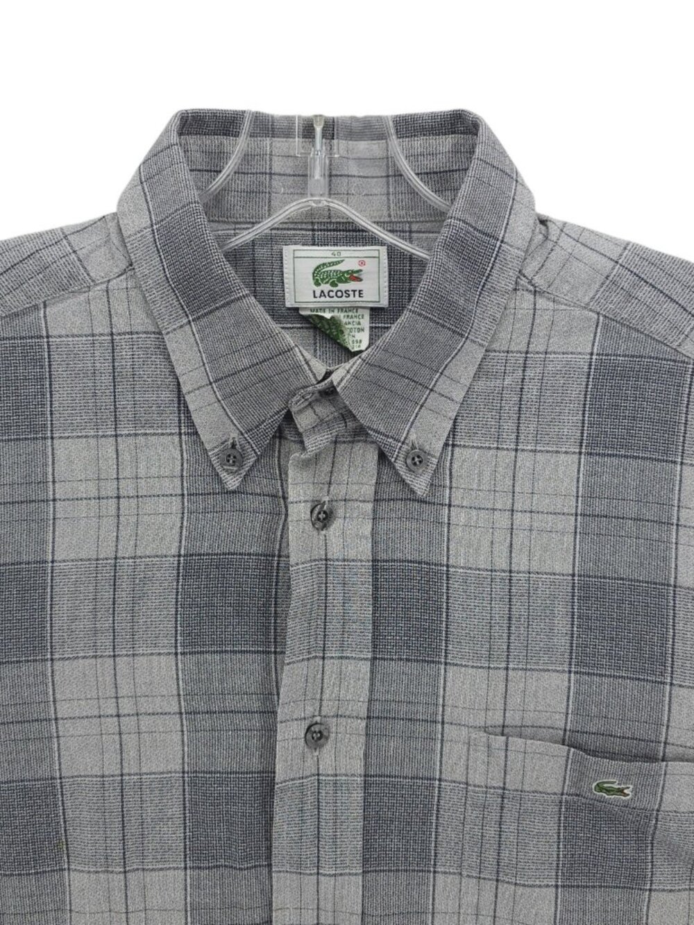 LACOSTE Men's Shirt Gray Plaid Check 100% Cotton Long Sleeve Size 40 - STAINS